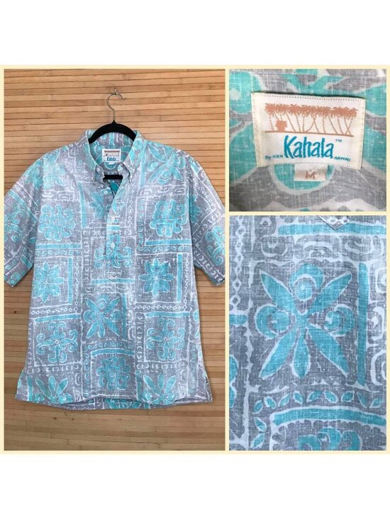 Hawaiian Other - Vintage 70s KAHALA HRH Hawaiian Print Blue Gray Button Shirt M Hawaii pop over